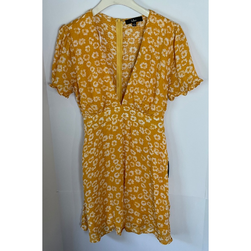 Lulus Mustard Yellow Floral Deep V-Neck Puff Sleeve Mini Dress DK62925 Womens L